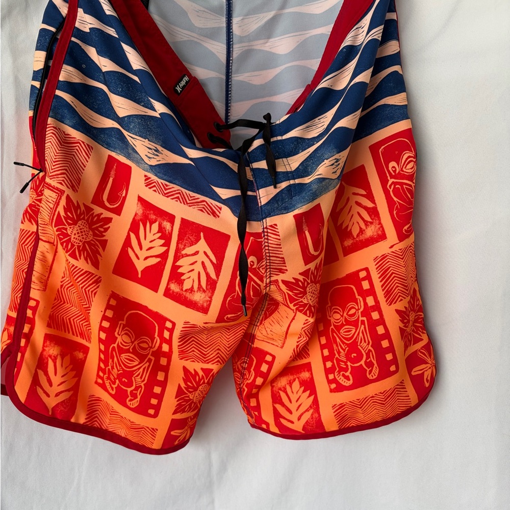Hurley Men’s Orange and Red Patterned Flat Front Swim Shorts